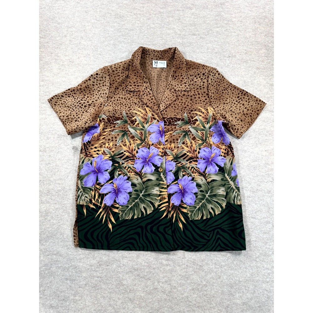 VTG Maggie Sweet Hawaiian Shirt Women Medium Multi Floral Side Slits Camp Collar